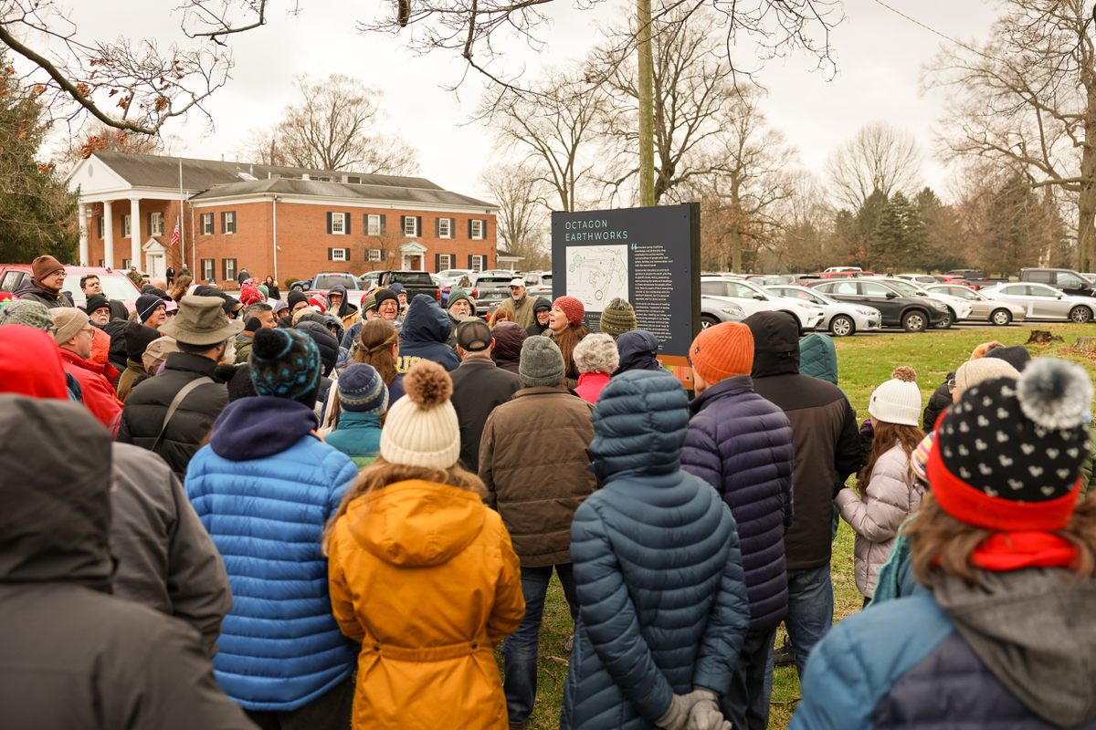 A large crowd gathered to tour the Octagon Earthworks when they opened to the public on January 1, 2025.