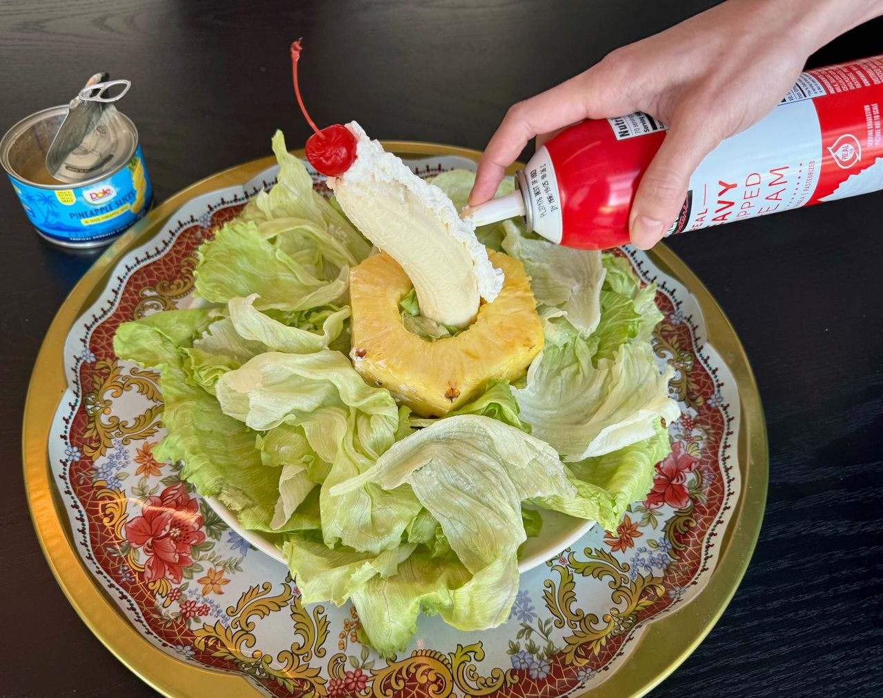 Whipped cream, mayo, and cottage cheese are all traditional garnishes.