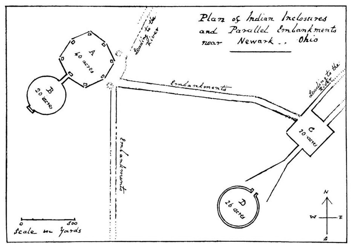 A map of the Newark Earthworks, including the Octagon (top left) and the Great Circle (bottom right) from the 1894 book <em>Travels Amongst American Indians, Their Ancient Earthworks and Temples</em>.