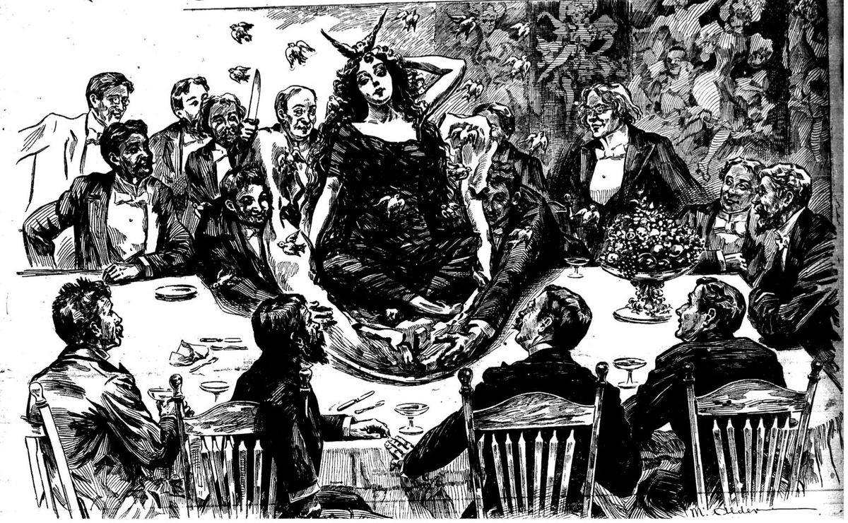 An illustration of the famous Pie-Girl Dinner from the <em>New York World</em>.