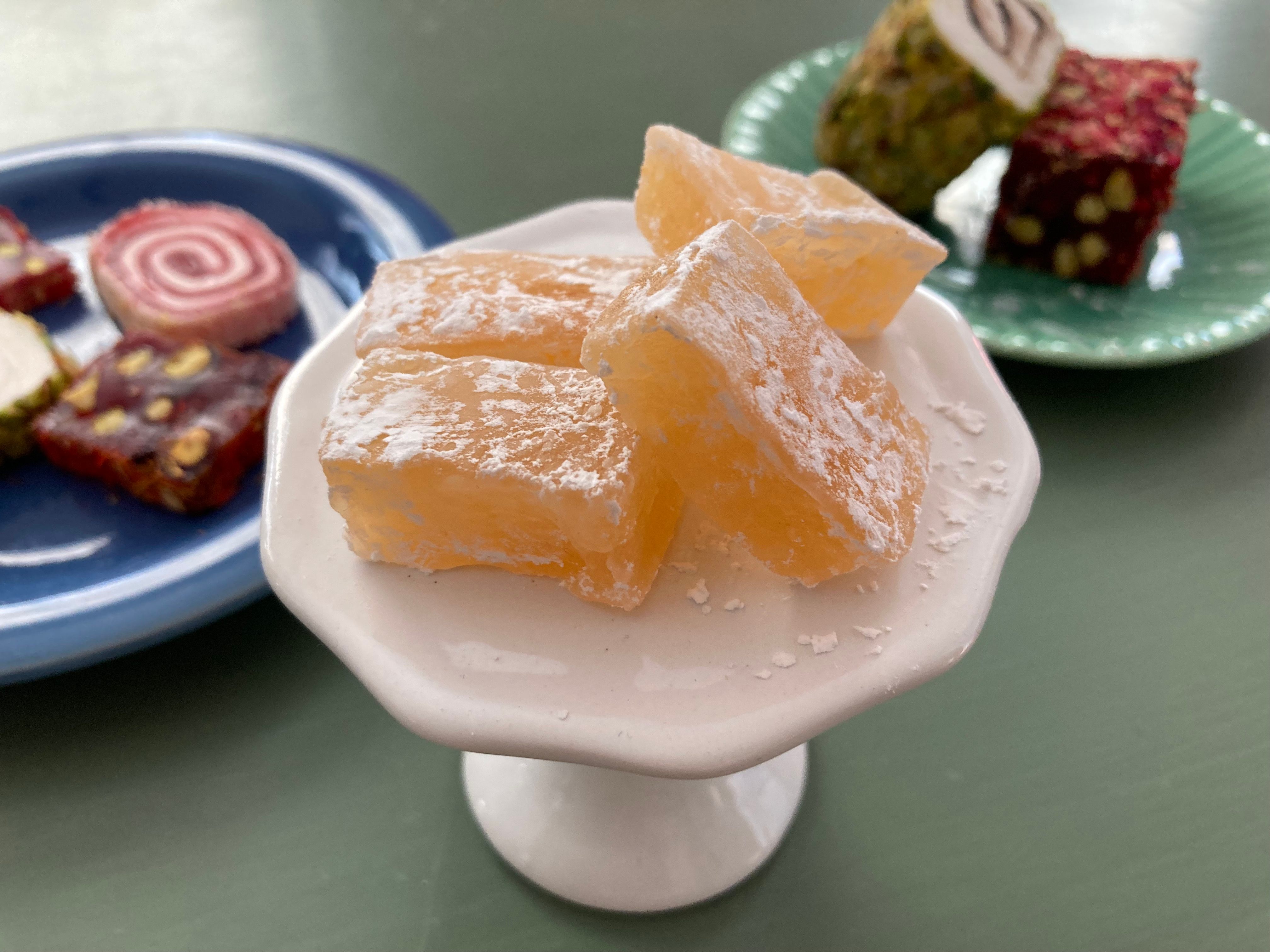 The basic ingredients of Turkish delight are starch, sugar, water, and flavoring.